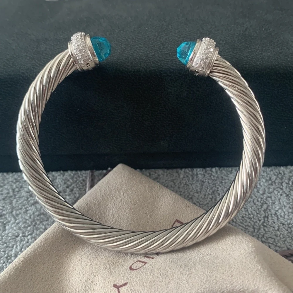 David Yurman Silver Cable Bracelet with Blue Topaz Terminals - Picture 3 of 10